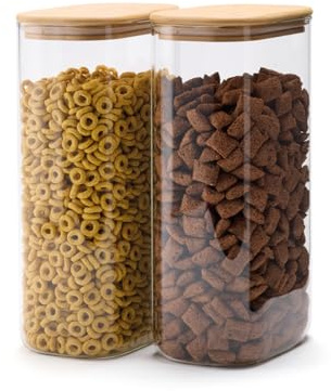 Qdesign QULINART - Set di 2 bicchieri in vetro borosilicato da 3 l, con coperchio in bambù ermetico, riutilizzabili, per la cucina, conservare gli alimenti (pasta, cereali, grani), trasparente/legno