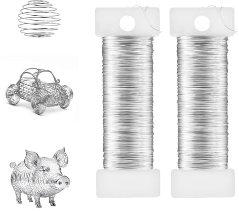 Ouligay Alambre fino de 0,5 mm x 100 m para manualidades, 2 rollos de alambre fino plateado, alambre de perlas para joyas, alambre plateado, alambre de floristería para modelismo, Navidad