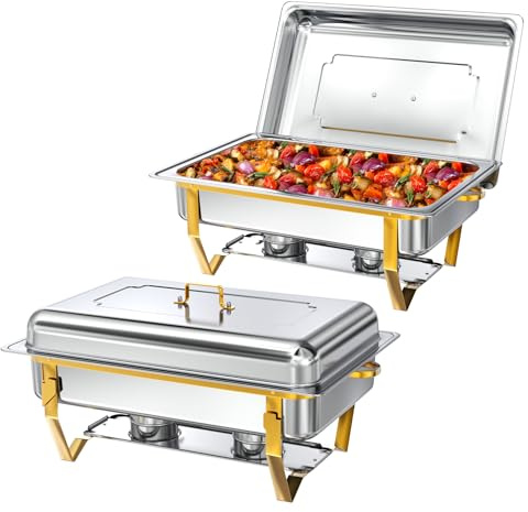WARMOUNTS 9QT Gold Chafing Dishes for Buffet (2 Pieces), High Quality Stainless Steel Catering Pliers with Rolling Edge, Folding Frame for Party, Banquet (Full Size