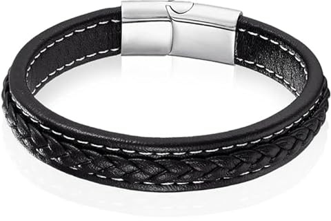 LGT Jewels herrarmband svart läder sydd rostfritt stål stängning-23 cm