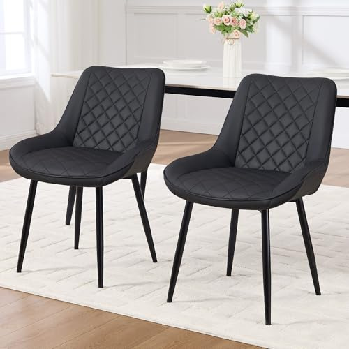 Esszimmerstuhl 2er Set, Polsterstühle mit dicker Sitzpolsterung&stabiler X-förmiger Metallbasis,Küchenstuhl mit ergonomischer Rückenlehne, wasserdichtes Kunstleder,bis 130 kg, Dining Chair, Schwarz