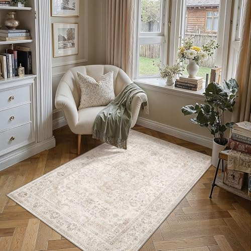PureCozy Waschbarer Beige Teppich Wohnzimmer 140x200cm Vintage Tepich | Weich Kurzflor Groß Carpet, Rutschfest, Leicht, Schlafzimmer, Esszimmer, Büro, Kinderzimmer