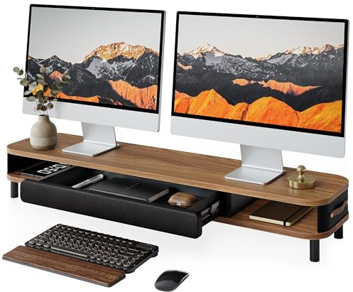 Fenge Dual Monitorständer mit AusziehenSchublade,Tragfähigkeit 35kg,Braun | Bildschirmerhöhung mit Aluminiumbeinen & Ledergriff, Ergonomische Monitorerhöhung für Home Office & Gaming, 108×25×15.7cm
