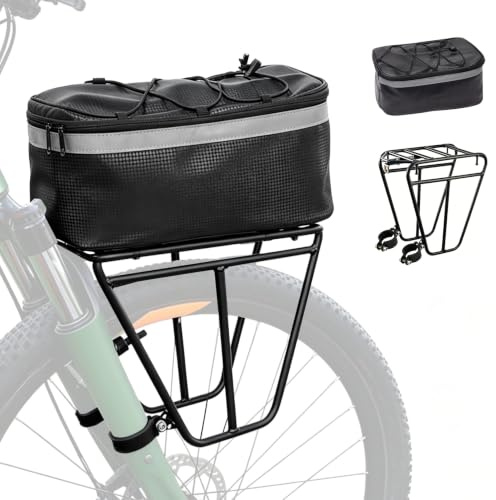 Fahrrad Front Gepäckträger aus Stahl, Vorderrad Gepäckträger Universal | für Fahrradrahmen, stabile Metall Konstruktion für Transport, mit 5L wasserdichter Gepäcktasche und Reflektoren