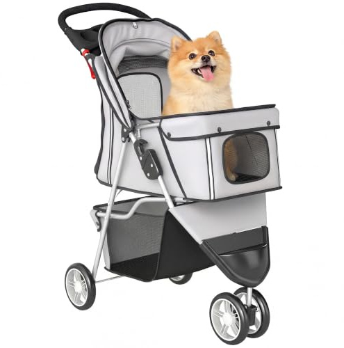 PawHut Poussette pour Chien 4 Roues Pliable avec Frein 77x44x102cm Gris | Auvent Réglable, Panier de Rangement, Porte-Gobelet, pour Petits Chiens et Animaux Agés