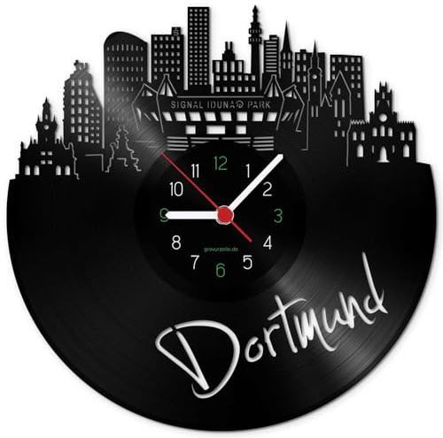 GRAVURZEILE Schallplattenuhr - Skyline Dortmund Reloaded 2018 - Wanduhr aus gegossenem Vinyl mit Stadt Skyline 30 cm - Upcycling Design Wand-Deko Vintage-Uhr Retro-Uhr - Made in Germany