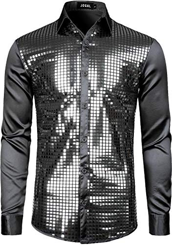 JOGAL Herren Pailletten Hemd 70er Langarm Disco Party Kostüm Large Schwarz