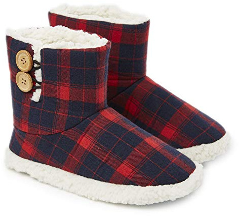 Dunlop Zapatillas Casa Mujer | Zapatillas Calienta Pies Invierno Cerradas | Pantuflas de Casa Regalo para Mujer | Botas Altas Forradas de Borreguito Suela de Goma Dura (38, Azul marino/Rojo)