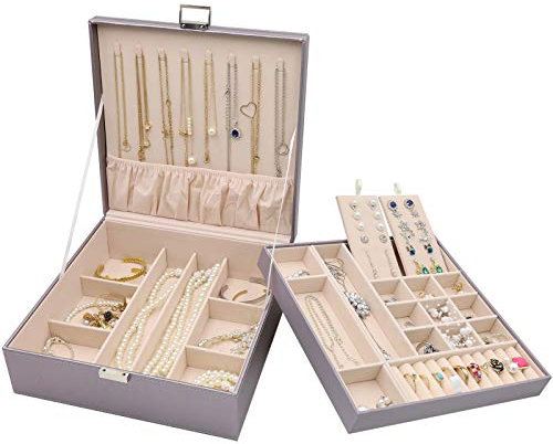 ProCase Scatole Portagioie Donna, Cofanetto Portagioielli da Esposizione a Due Strati di Gioielli con Divisorio Rimovibile per Collana Orecchini Bracciali Anelli Orologi, Regalo –Argento Perlata