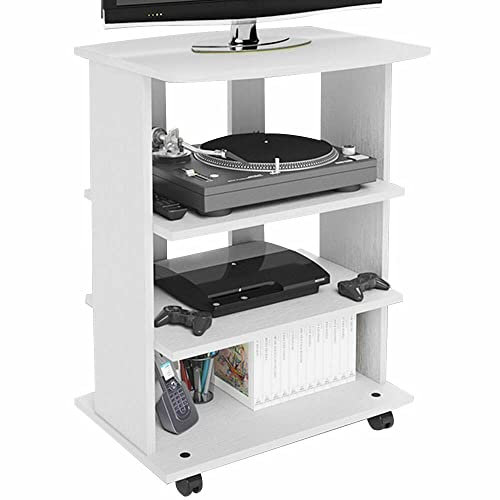 BAKAJI Mobile TV in Legno MDF con 3 Ripiani Porta Console Videogiochi DVD e 4 Ruote Mobiletto Carrello Porta Televisore Design Moderno Dimensione 60 x 45 x 80,5 cm (Bianco)