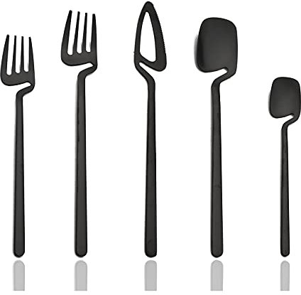 JASHII Juego de cubiertos de acero inoxidable 304 negro mate, juego de cubiertos de 20 piezas, moderno juego de cubiertos para colgar, regalo de cumpleaños y boda