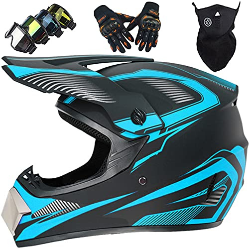 KILCVEM Cascos Moto Niños, Casco Motocross para Infantil Set (4 Piezas), Casco de Motocicleta Todoterreno de Integral Hombres y Mujeres para Quad Dirt Bike MTB ATV Downhill Enduro,Blue-S