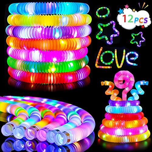 12 Pièces Lumineux Tube Pop,Mini Tubes de Pop Jouets sensorie,Fidget Toys Baton Lumineux Fluo,Pop Tubes,LED Allume Jouets pour Cadeaux Fête Soulagement du Stress