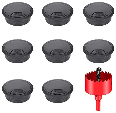 DuDuZui 8 Pièces œillets de Bureau, Passe-câble de Bureau 80 mm Passe-câble de Bureau, Solution Idéale pour le Bureau et la Maison Câble de Table, avec Scie Cloche (Noir, 80mm)