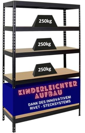 PROREGAL Schwerlastregal Rivet HxBxT 180x120x45cm Fachlast 250kg, Innovatives Stecksystem, Schwarz, Garagenregal, Lagerregal, Steckregal, Stahl, Kellerregal