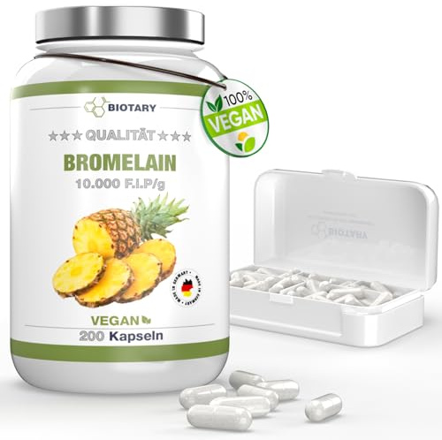 BIOTARY Bromelain 200 Kapseln - 500 mg - 10000 F.I.P/g - 5000 GDU/g - Vitamin C - 7 Monate Vorrat - Hochdosiert - inklusive Pillenbox - 100% Vegan - Rein pflanzlich - Laborgeprüft - Made in Germany