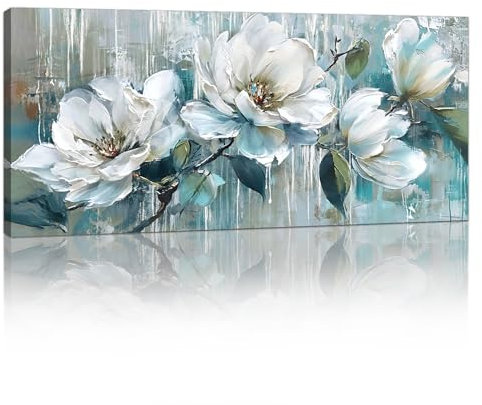 FajerminArt Large Framed Canvas Wall Art, Blue White Peony Flowers Wall Canvas Vintage Floral Pictures Painting on Print Canvas Poster Decor for Living Room Bedroom Ready To Hang 120cmx50cm