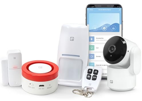 Garza Smart - Kit Sistema di Allarme e Sicurezza Intelligente Wifi 2.4GHz con Fotocamera 1080p 360° per la casa, Sirena 120dB, Sensori di Movimento e Apertura di Porte/Finestre, Controllo vocale/App.