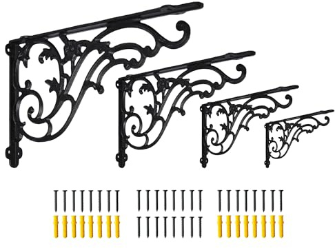 Dekorative Regalhalterungen, 35,6 x 21,6 cm, 4 Stück, Gusseisen-Regalzubehör, 35,6 cm große antikschwarze Korbesl, Schrauben und Dübel im Lieferumfang enthalten
