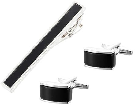 KETAFOUND Klassisches Set Mit Geometrischen Manschettenknöpfen Und Krawattenklammer – Rechteckige Manschettenknöpfe Und Krawattennadel Mit Schwarzem Stein, Schmuckzubehör Für Anzughem