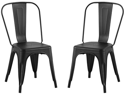 AC Pacific Stackable Metal Dining Chairs Set of 2 for Indoor and Outdoor Use, Durable Stacking Seat, Farmhouse Kitchen, Bar, Patio, Bistro, Cafe, Industrial Style, 2pcs, Matte Black