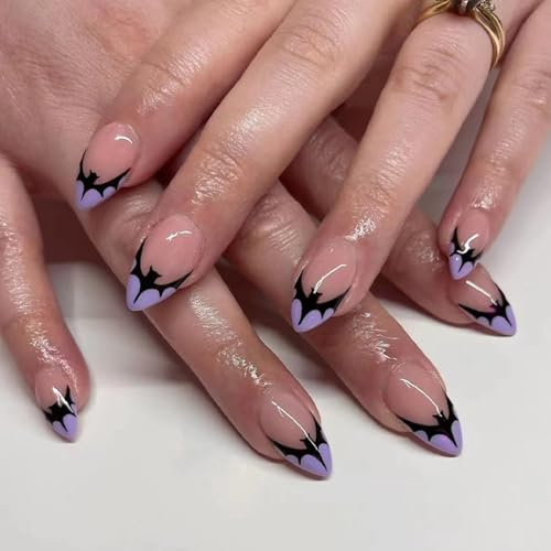 Ceboic 24 Pièces Halloween Violet Français Faux Ongles Court Amande Acrylique Press on Nails Couverture Complète Ongles à Coller avec Autocollants Adhesif pour Femmes et Filles