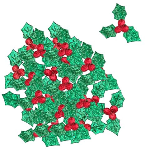 Tabanzhe 100PCS Christmas Artificial Holly Berries with Green Leaves-Mini Fabric Craft Berry and Leaf,Triple Leaf Holly Berries Decorations for Christmas Wreath Card Gift Tag Cake Toppers Table DIY