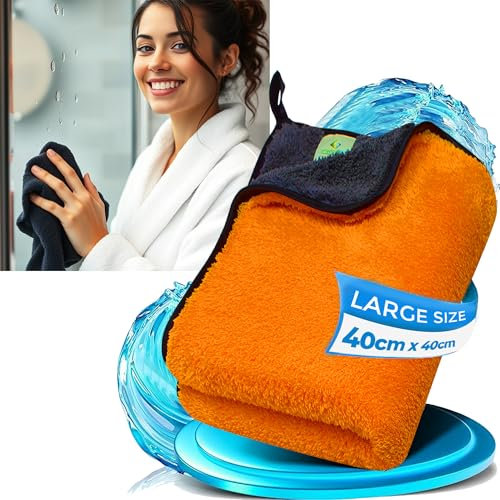 Towelogy® Ultra Absorbent Bathroom Drying Cloth | Microfibre Magic Cloths for Cleaning Shower Screen, Mirror, Chrome, Glass | Streak Free Finish | Effective Alternate to a Squeegee (Orange)