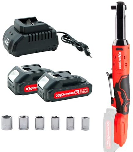 DogChrymion Juego de llaves de trinquete eléctricas inalámbricas extendidas de 20 V, 3/8 pulgadas, sin escobillas, disparador de velocidad variable, kit de herramientas de trinquete eléctrico con 2