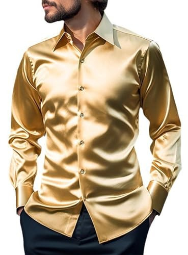 Wirltte Men's Dress Shirt Silk Luxury Long Sleeve Slim Fit Wedding Party Disco Prom Sequin Shirts Gold L