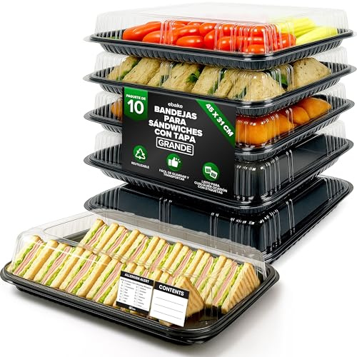 ebake 10er-Set Serviertabletts – 45 x 31 x 7,5 cm Servierplatte mit Deckel für buffet Zubehör Partys und Catering, Einweg Inklusive Sticker-Etiketten