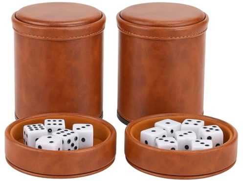 RERIVER Brown PU Leather Dice Cup with Lid, Velvet Interior Quiet Dice Shaker Cup with 6 Dice for Liars Dice/Farkle/Yahtzee Games, 2 Pack