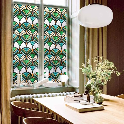 ChicSkin Hand Drawn Stained Glass Window Film Pine Shell Art Deco 43x300cm | Self Adhesive,Double Sided Decorative Window Film Privacy Vintage Turquoise,Bedroom Living Room Bathroom Glass Decoration
