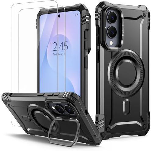 Lanhiem Cover per Samsung S25 Edge, per Magsafe con Supporto, Militare-Nero | Protezione Completa del Corpo a 360°con 2 Vetro Temperato, 14FT Antiurto Resistente, Custodia per Samsung Galaxy S25 Edge