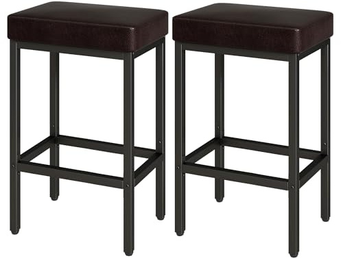 YMYNY 66 cm Taburetes Altos de Cocina, Marrón Oscuro Cuero de PU Taburete Alto, Taburetes de Cocina con Cojín de 6 cm De Grosor y Base de Metal, HBS513K