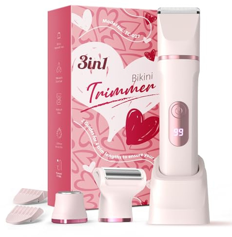 Bikini Trimmer Women, 3-in-1 Lady Shavers for Woman with LED Display - Painless Electric Razors for Silk Skin, Pubic Hair Razor for Women, IPX7 & Easy Cleaning, Ceramic Blade, USB Charge Dock, Pink
