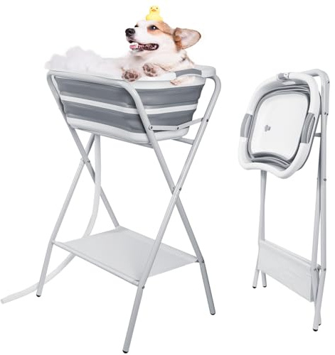 Pet Dog Bath Tub Foldable, Height 66.5cm, with Drain, handle, Shelf | 2 in 1 Portable Dog Washing Station, for Grooming Dog Shower, Small to Medium Dogs Cats Pet, Indoor and Outdoor