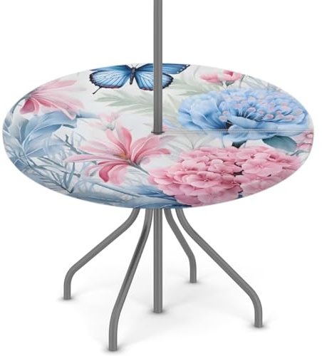 Goxnero Tovaglia rotonda con farfalle e ortensie blu, rosa, con foro per ombrellone e cerniera, impermeabile, per feste, picnic, patio (adatta per tavoli da 114-140 cm)