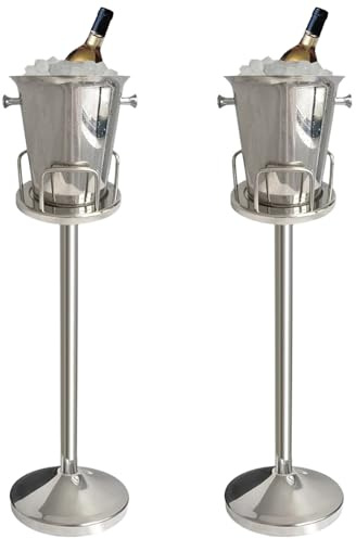 Enfriador de champán con soporte, cubo de hielo con soporte, acero inoxidable, cubitera para hielo, enfriador con asa para vino, champán, cerveza, KTV, clubes, bares, fiestas, 5 L (90 cm, plata)