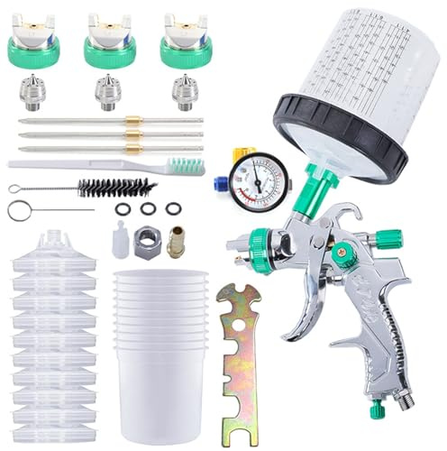 Pistola per Verniciare Pneumatica con 10 Tazze Colorate - Pistola a Spruzzo per Verniciare per Carrozzeria Auto, Kit Completo con 3 Ugelli e Manometro (Verde)​