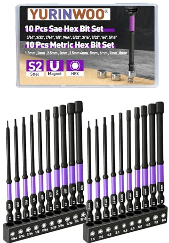 20Pcs Hex Head Allen Wrench Drill Bit Set (Metric & SAE), 100mm Long S2 Steel Bits Set, CNC Machined Tips with Magnetism, 1/4” Hex-Shank Inner Hexagon Screwdriver Bit with Storage Box