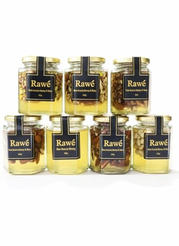 Rawé Raw Acacia Honey with Nuts Collection, 7 Luxury Jars, Unpasteurised, Walnuts, Almonds, Pecans, Cashews, Pistachios