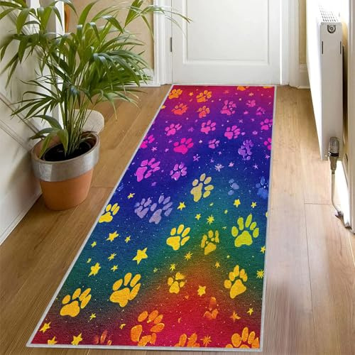 Regenbogen Pfotenabdruck Teppich Läufer Flur 60x150, Waschbar Rutschfest Hunde Tierpfoten Muster Teppichläufer, Weich Kurzflor Lang Flurläufer für Wohnzimmer Schlafzimmer Bettvorleger Küchen YD643