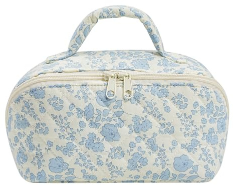 JOVAKIT Large Capacity Quilted Makeup Bag, Travel Cosmetic Bag for Women, Floral Cotton Travel Toiletry Pouch, Handle Zipper Make Up Open Flat Organizer Bag (Blue Floral)