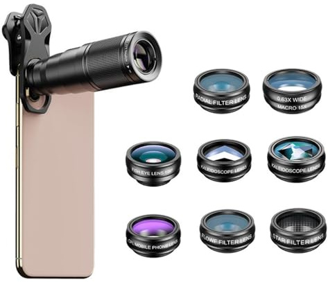 SagTuol Kit d'objectifs universels, 10 en 1 Objectif pour téléphone, 22x Téléphoto, Macro 15 x, 198° Fisheye, pour la Plupart des Smartphones