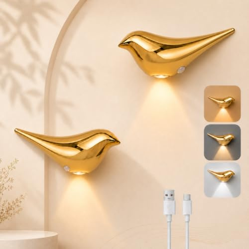 Rosnek LED Wandleuchte Innen mit Bewegungsmelder, 2er Pack kabellos, Akku-Wandlampe & Magnetisch Wandlampe, Sensor-Nachtlicht, Dimmbar für Schlafzimmer, Treppenhaus, Flur, Gold