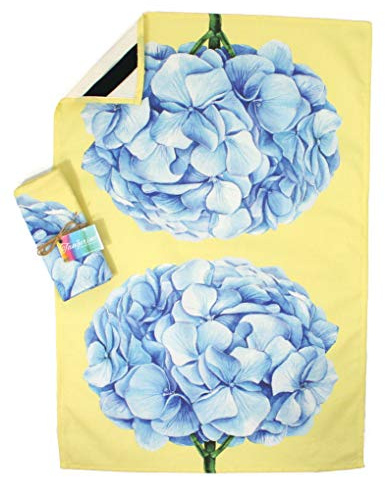 Lily Tangerine exclusive and unique 100% cotton tea towel. Bright, fun and colourful animal and floral prints. Made in the UK. 70x50 cm approx. Includes diagonal hanging loop. (Hydrangea)