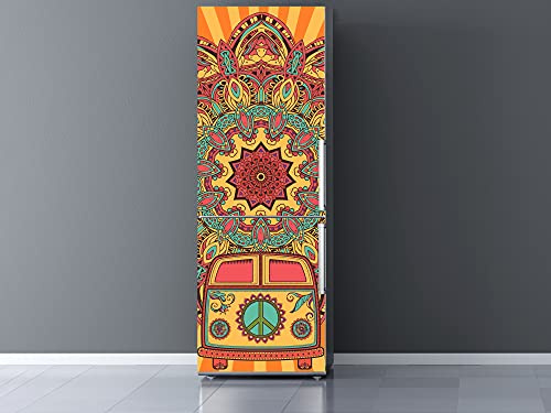 Oedim Vinilo Frigorífico Furgoneta Hippie con Mandala Variocolor, vinilo decorativo para neveras, decoración para cocinas, pegatina nevera