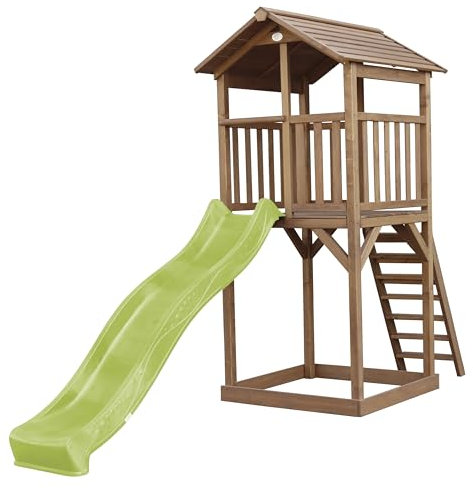 AXI Beach Tower Aire de Jeux avec Toboggan en Vert Clair & Bac à Sable | Grande Maison Enfant extérieur en Marron | Cabane de Jeu en Bois FSC
