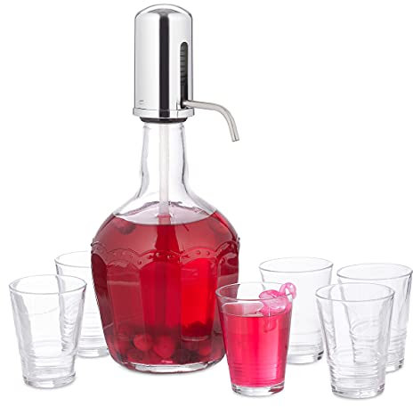 Relaxdays Wasserspender Set, Getränkespender mit manueller Pumpe, 6 Trinkgläser, Cocktailspender 2,4l, Glas, transparent